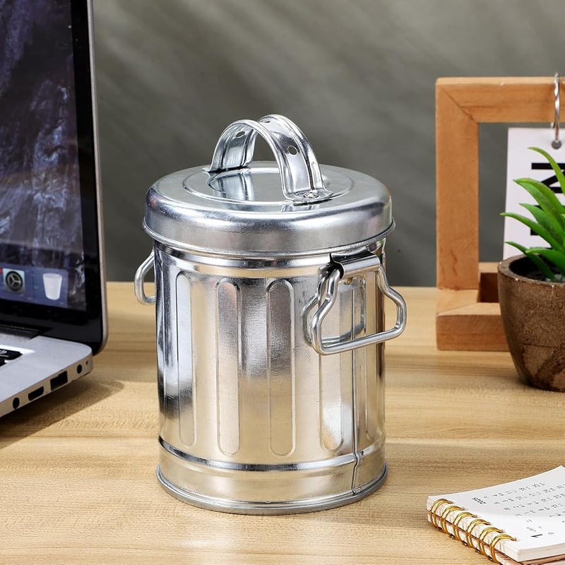 Galvanized Iron Bucket Ashtray with Lid Small Metal Trash Can for Desktop Office Home - Image 5